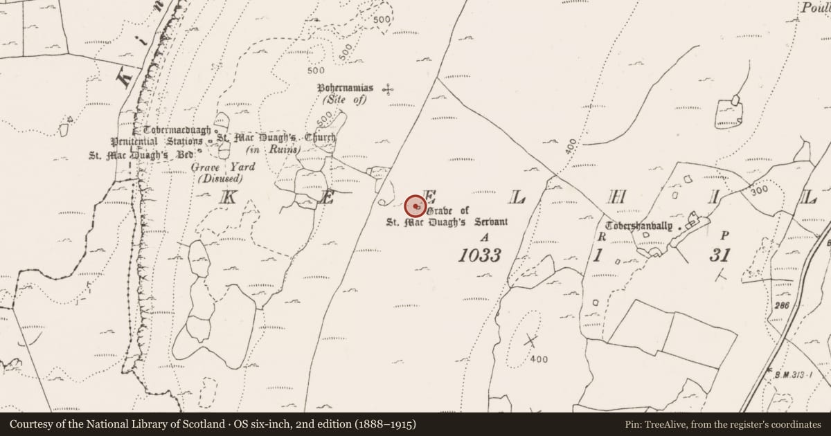 Ordnance Survey six-inch map, 2nd edition (1888–1915) covering the location of Penitential station, Keelhilla, County Clare, with a pin at the register's coordinates