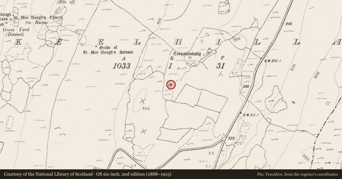 Ordnance Survey six-inch map, 2nd edition (1888–1915) covering the location of Burial ground, Keelhilla, County Clare, with a pin at the register's coordinates