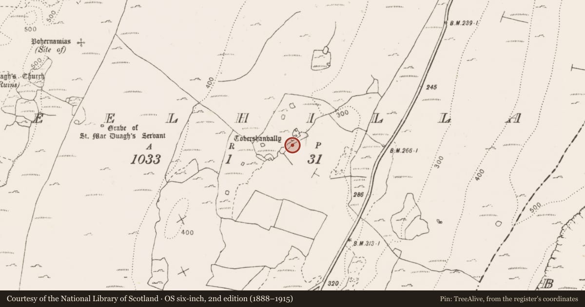 Ordnance Survey six-inch map, 2nd edition (1888–1915) covering the location of Fulacht fia, Keelhilla, County Clare, with a pin at the register's coordinates