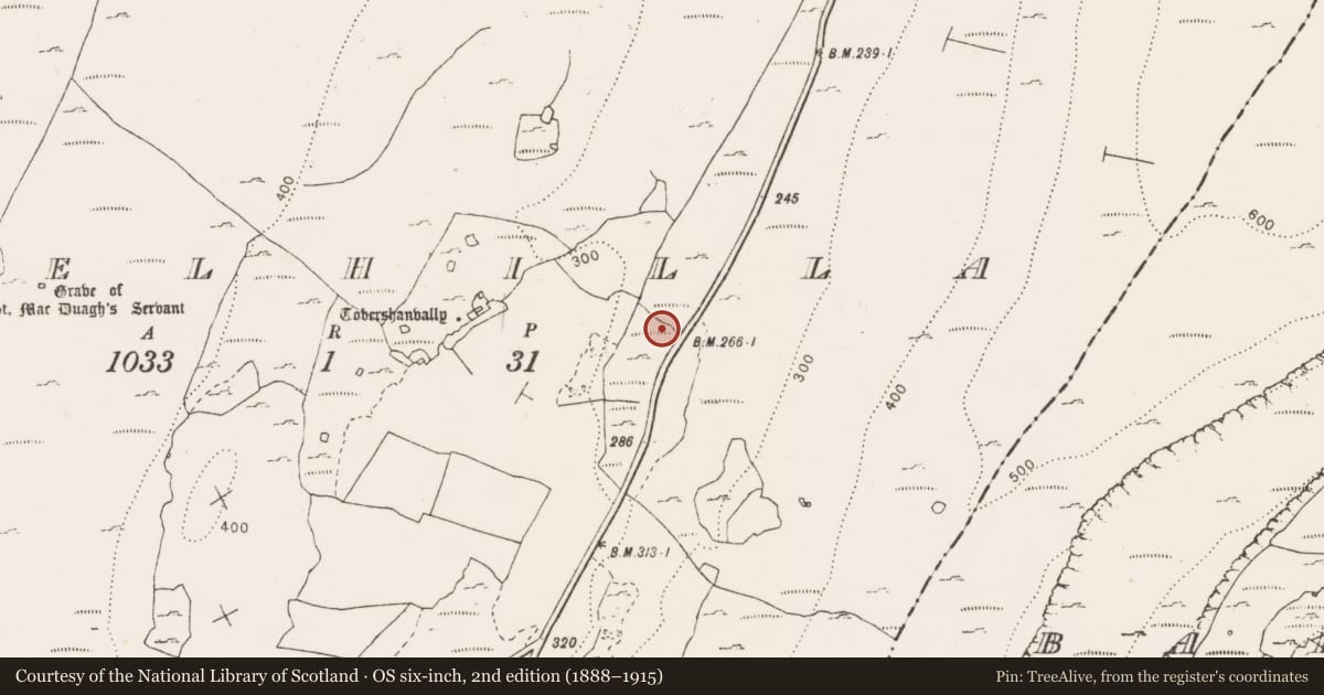 Ordnance Survey six-inch map, 2nd edition (1888–1915) covering the location of Enclosure, Keelhilla, County Clare, with a pin at the register's coordinates