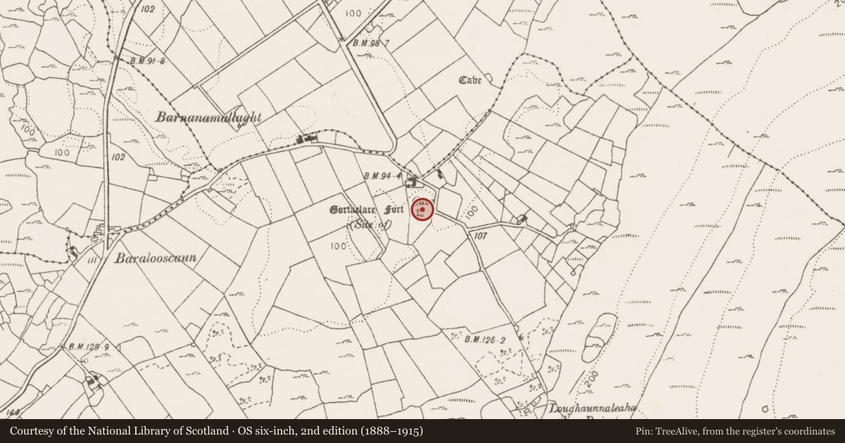 Ordnance Survey six-inch map, 2nd edition (1888–1915) covering the location of Souterrain, Gortaclare, County Clare, with a pin at the register's coordinates