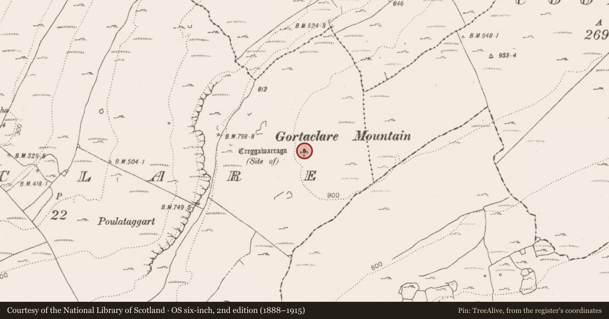 Ordnance Survey six-inch map, 2nd edition (1888–1915) covering the location of Hut site, Gortaclare, County Clare, with a pin at the register's coordinates