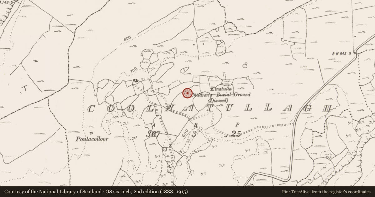 Ordnance Survey six-inch map, 2nd edition (1888–1915) covering the location of Children's burial ground, Coolnatullagh (Burren By., Carran Par.), County Clare, with a pin at the register's coordinates