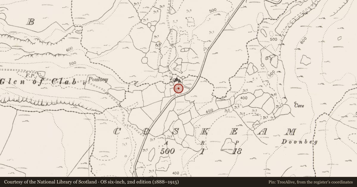 Ordnance Survey six-inch map, 2nd edition (1888–1915) covering the location of Enclosure, Coskeam, County Clare, with a pin at the register's coordinates
