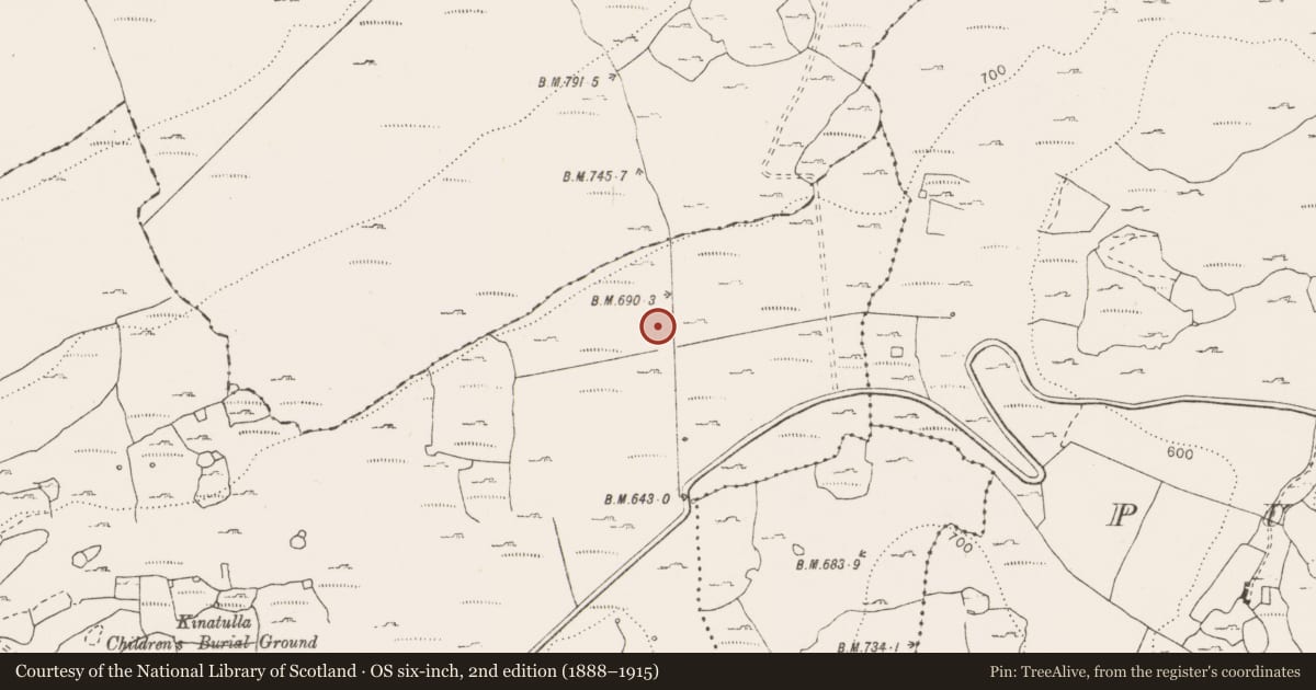 Ordnance Survey six-inch map, 2nd edition (1888–1915) covering the location of Burial mound, Coolnatullagh (Burren By., Carran Par.), County Clare, with a pin at the register's coordinates
