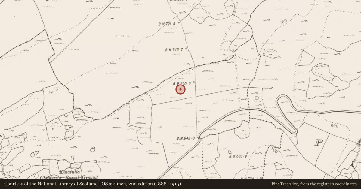 Ordnance Survey six-inch map, 2nd edition (1888–1915) covering the location of Cist, Coolnatullagh (Burren By., Carran Par.), County Clare, with a pin at the register's coordinates