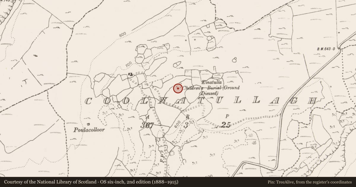 Ordnance Survey six-inch map, 2nd edition (1888–1915) covering the location of Church, Coolnatullagh (Burren By., Carran Par.), County Clare, with a pin at the register's coordinates