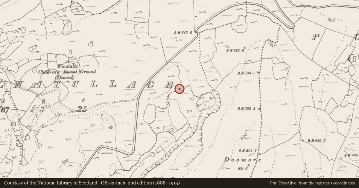 Ordnance Survey six-inch map, 2nd edition (1888–1915) covering the location of Fulacht fia, Coolnatullagh (Burren By., Carran Par.), County Clare, with a pin at the register's coordinates