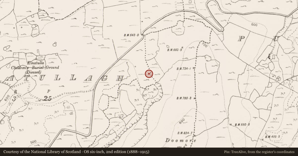 Ordnance Survey six-inch map, 2nd edition (1888–1915) covering the location of Hut site, Coolnatullagh (Burren By., Carran Par.), County Clare, with a pin at the register's coordinates