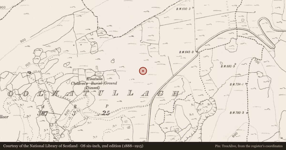 Ordnance Survey six-inch map, 2nd edition (1888–1915) covering the location of Enclosure, Coolnatullagh (Burren By., Carran Par.), County Clare, with a pin at the register's coordinates