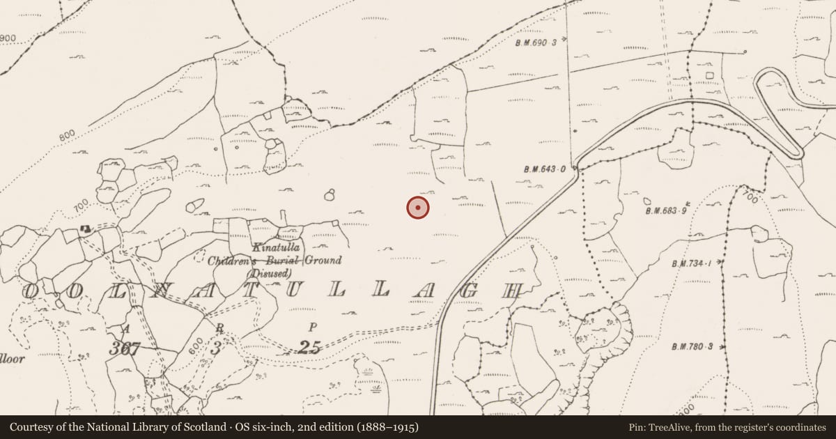 Ordnance Survey six-inch map, 2nd edition (1888–1915) covering the location of Enclosure, Coolnatullagh (Burren By., Carran Par.), County Clare, with a pin at the register's coordinates
