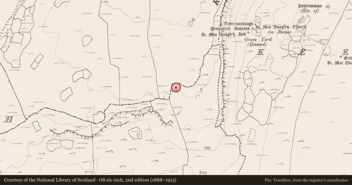 Ordnance Survey six-inch map, 2nd edition (1888–1915) covering the location of Souterrain, Pullagh, County Clare, with a pin at the register's coordinates