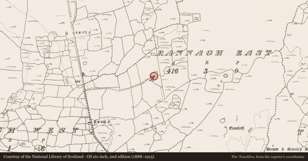 Ordnance Survey six-inch map, 2nd edition (1888–1915) covering the location of Burial ground, Rannagh East, County Clare, with a pin at the register's coordinates