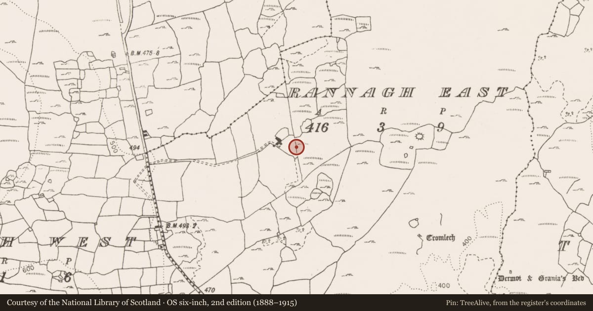 Ordnance Survey six-inch map, 2nd edition (1888–1915) covering the location of Souterrain, Rannagh East, County Clare, with a pin at the register's coordinates