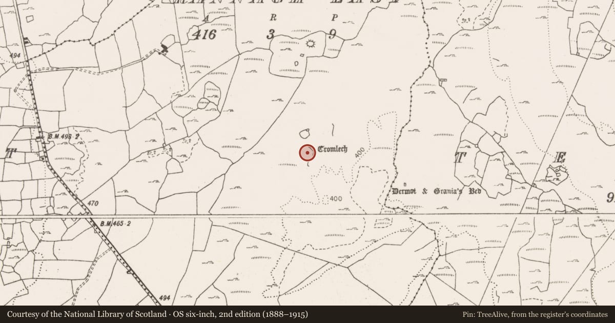 Ordnance Survey six-inch map, 2nd edition (1888–1915) covering the location of Megalithic tomb - wedge tomb, Rannagh East, County Clare, with a pin at the register's coordinates