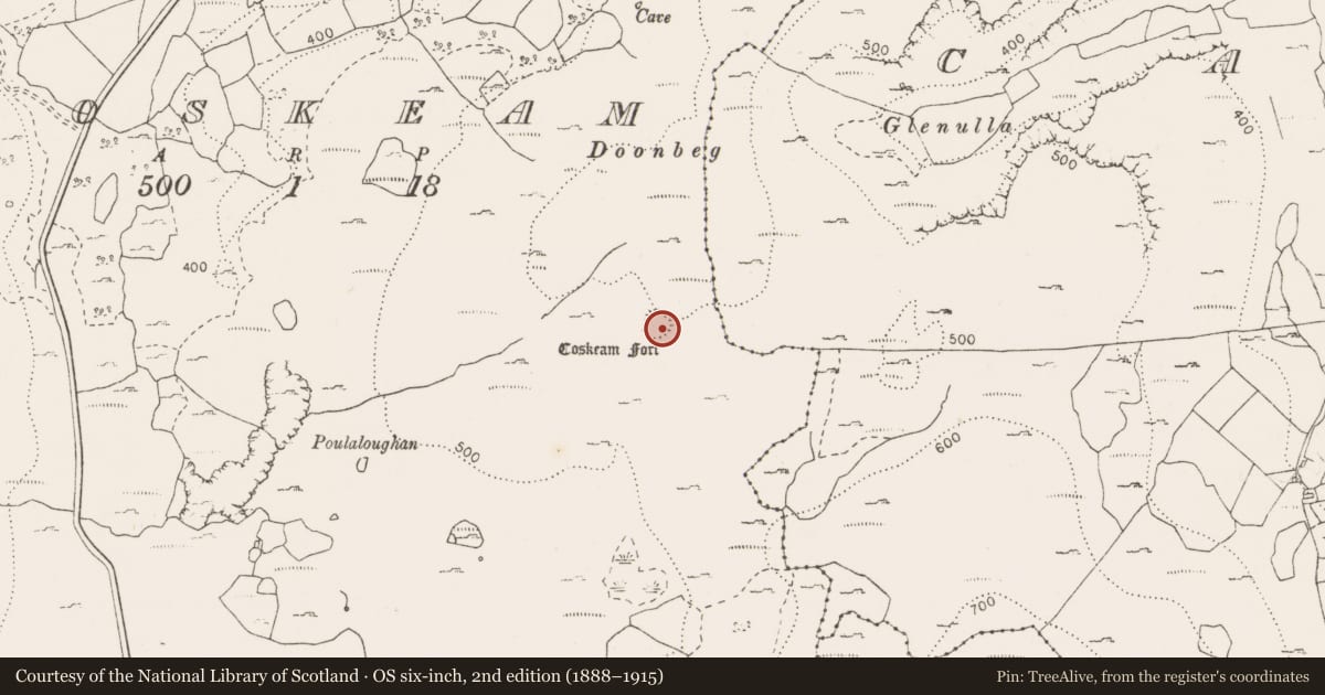 Ordnance Survey six-inch map, 2nd edition (1888–1915) covering the location of Hut site, Coskeam, County Clare, with a pin at the register's coordinates