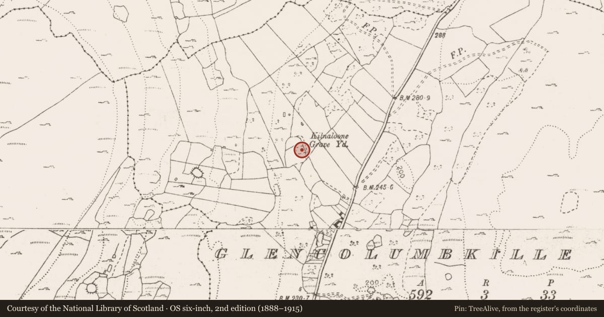Ordnance Survey six-inch map, 2nd edition (1888–1915) covering the location of Children's burial ground, Glencolumbkille North, County Clare, with a pin at the register's coordinates