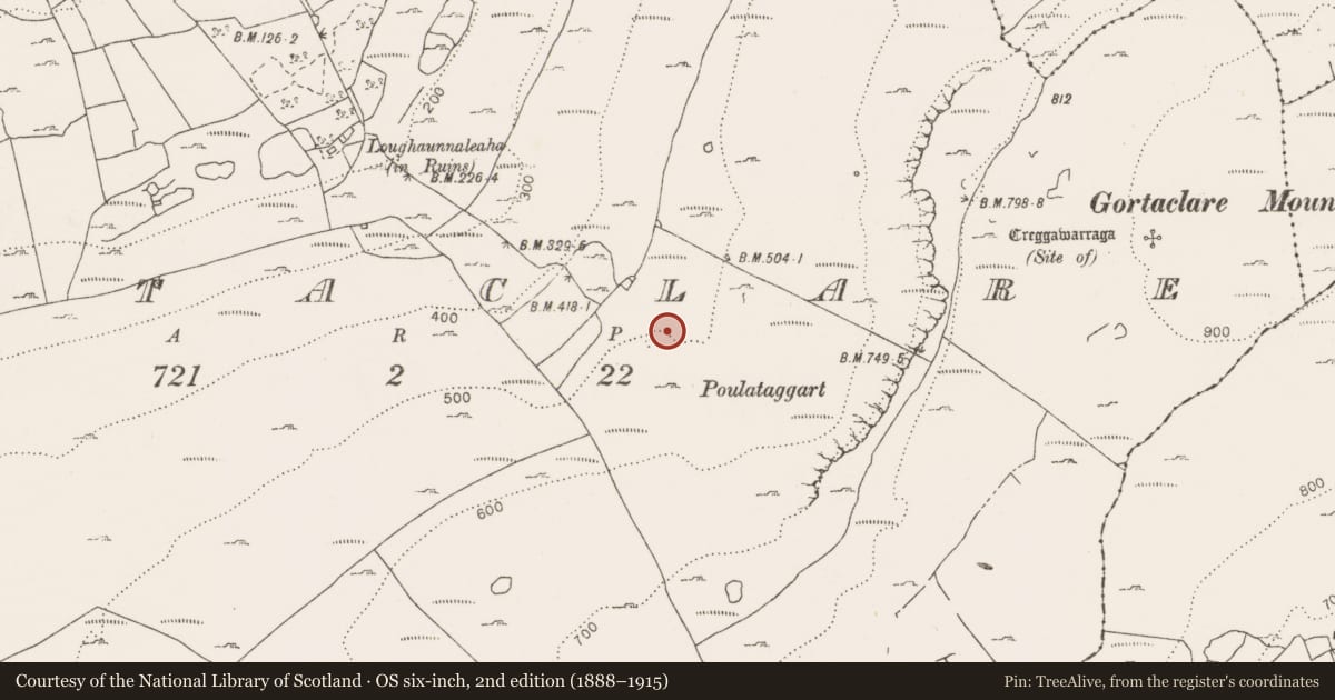 Ordnance Survey six-inch map, 2nd edition (1888–1915) covering the location of Mass-rock, Gortaclare, County Clare, with a pin at the register's coordinates