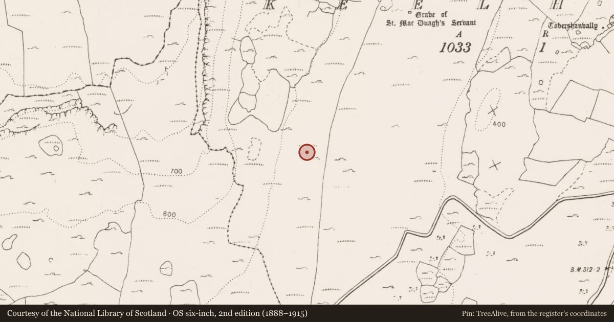 Ordnance Survey six-inch map, 2nd edition (1888–1915) covering the location of Fulacht fia, Keelhilla, County Clare, with a pin at the register's coordinates