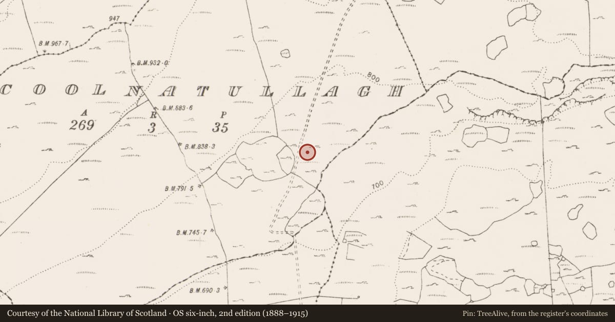 Ordnance Survey six-inch map, 2nd edition (1888–1915) covering the location of Enclosure, Coolnatullagh (Burren By., Oughtmama Par.), County Clare, with a pin at the register's coordinates