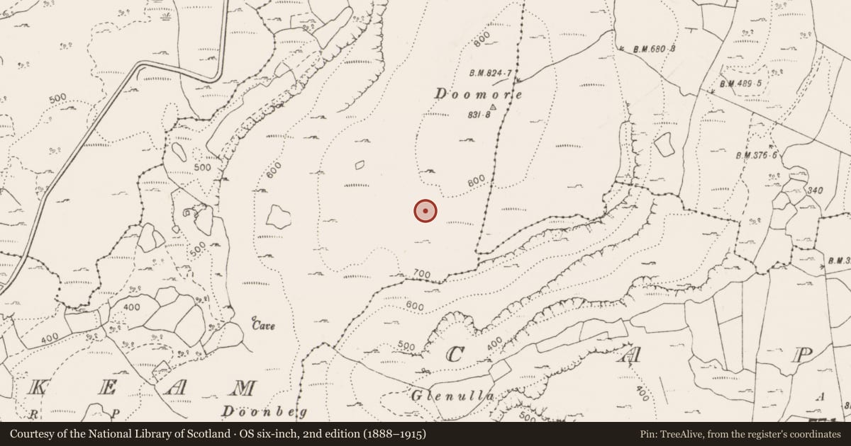 Ordnance Survey six-inch map, 2nd edition (1888–1915) covering the location of Enclosure, Coskeam, County Clare, with a pin at the register's coordinates