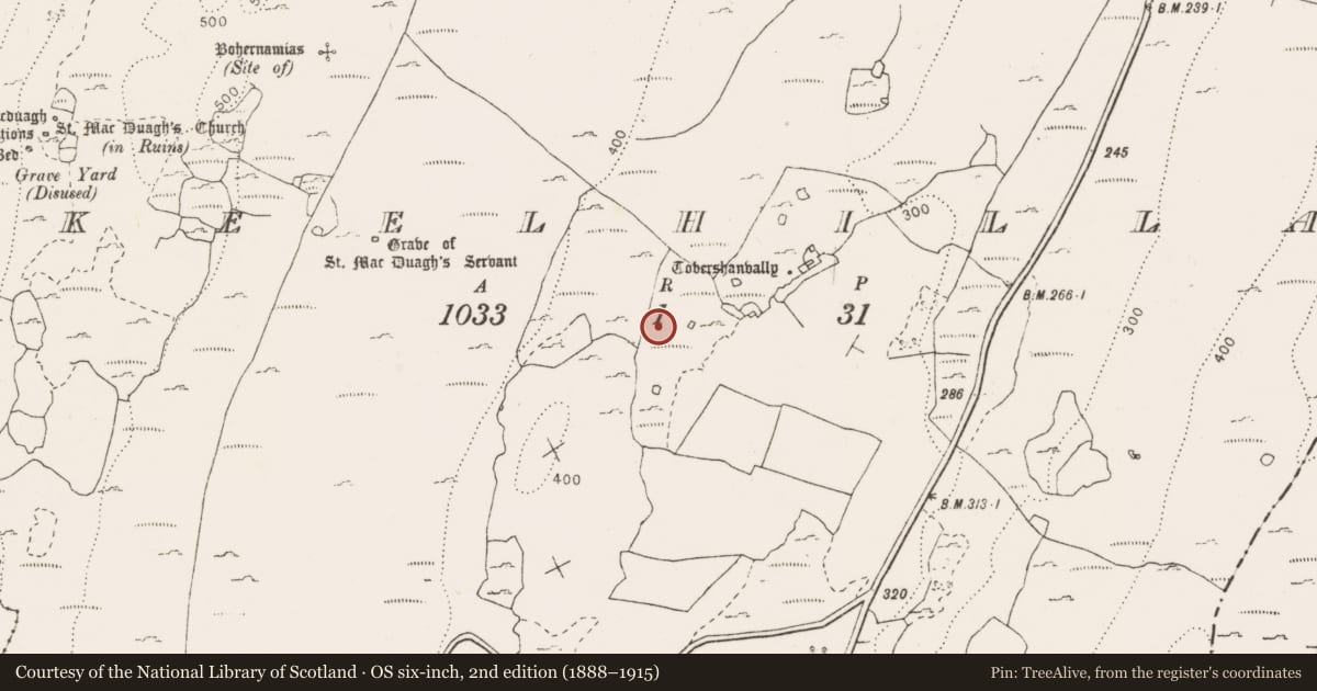 Ordnance Survey six-inch map, 2nd edition (1888–1915) covering the location of Field system, Keelhilla, County Clare, with a pin at the register's coordinates
