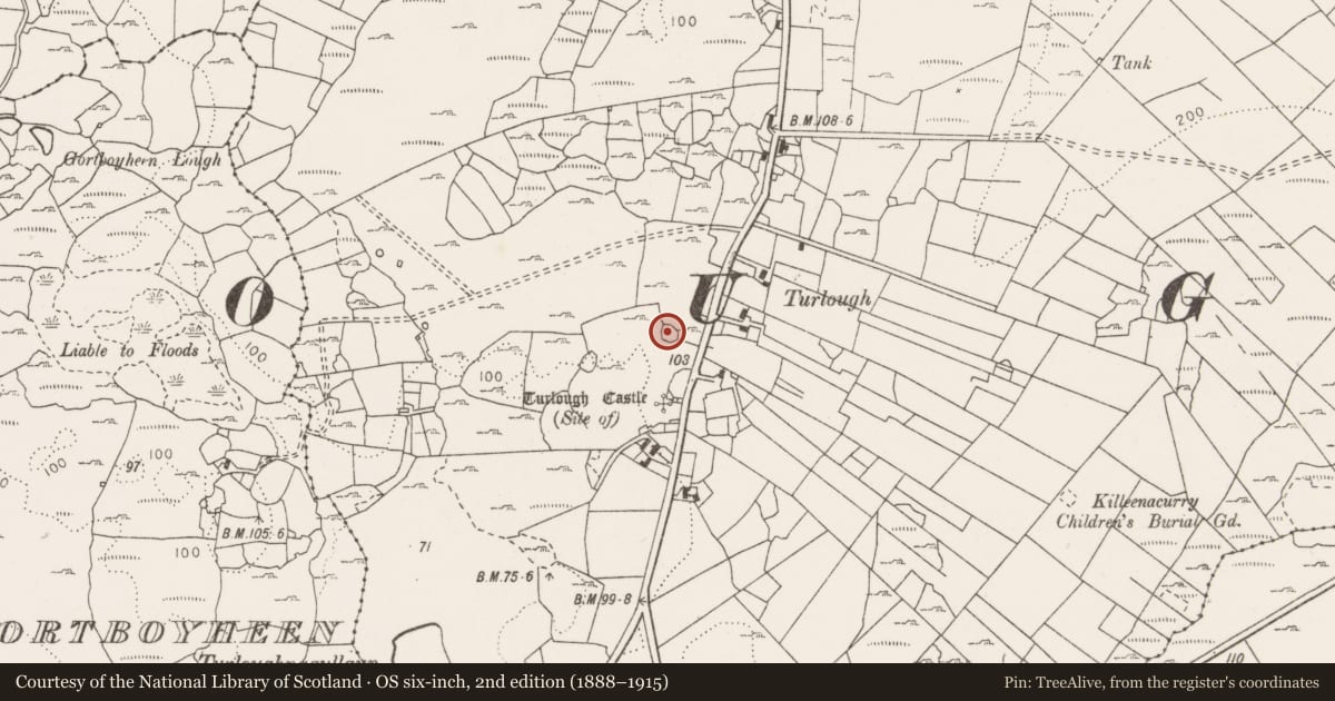 Ordnance Survey six-inch map, 2nd edition (1888–1915) covering the location of Enclosure, Turlough, County Clare, with a pin at the register's coordinates