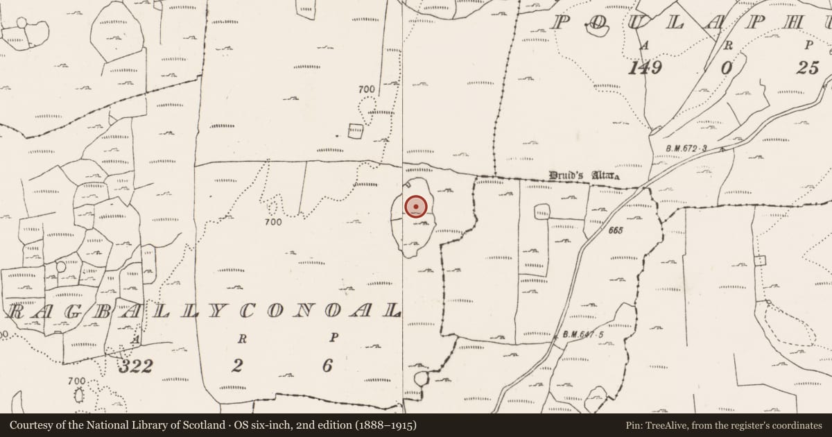 Ordnance Survey six-inch map, 2nd edition (1888–1915) covering the location of Barrow - ring-barrow, Cragballyconoal, County Clare, with a pin at the register's coordinates