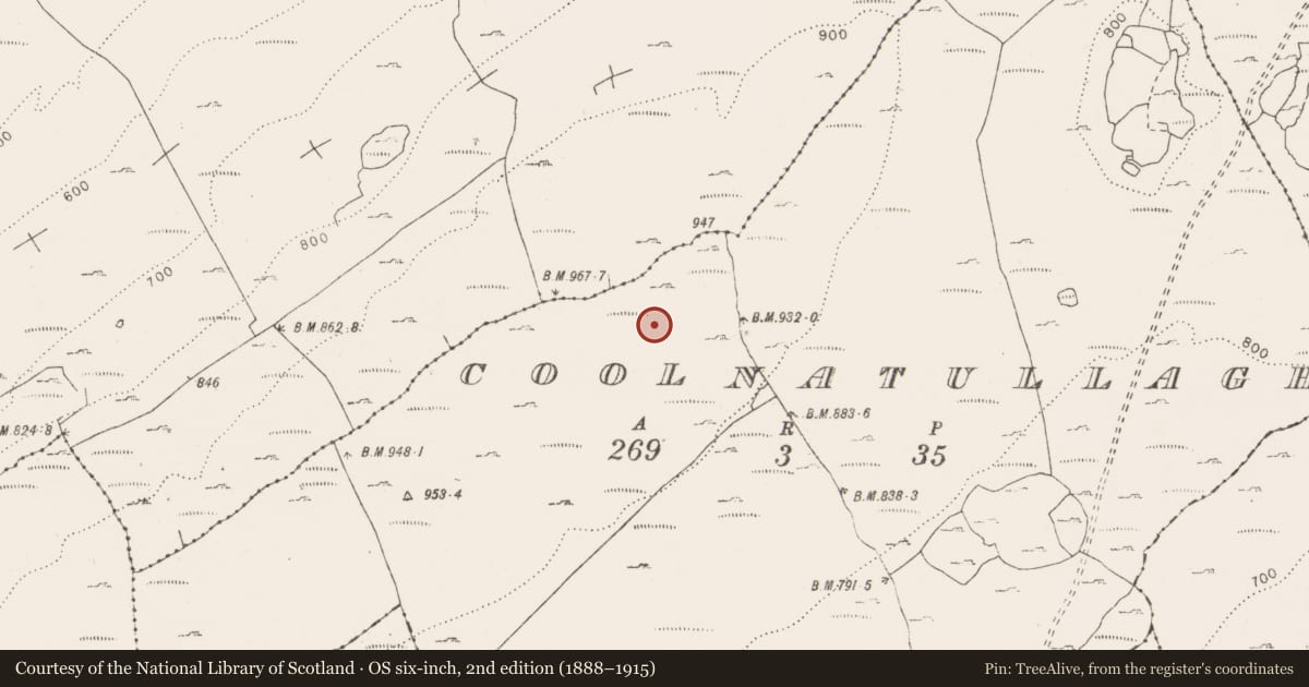 Ordnance Survey six-inch map, 2nd edition (1888–1915) covering the location of Hut site, Coolnatullagh (Burren By., Carran Par.), County Clare, with a pin at the register's coordinates
