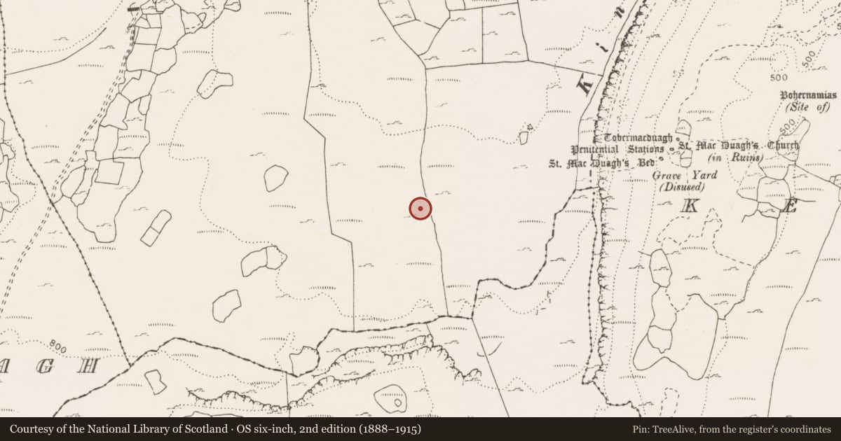 Ordnance Survey six-inch map, 2nd edition (1888–1915) covering the location of Hut site, Slievecarran, County Clare, with a pin at the register's coordinates