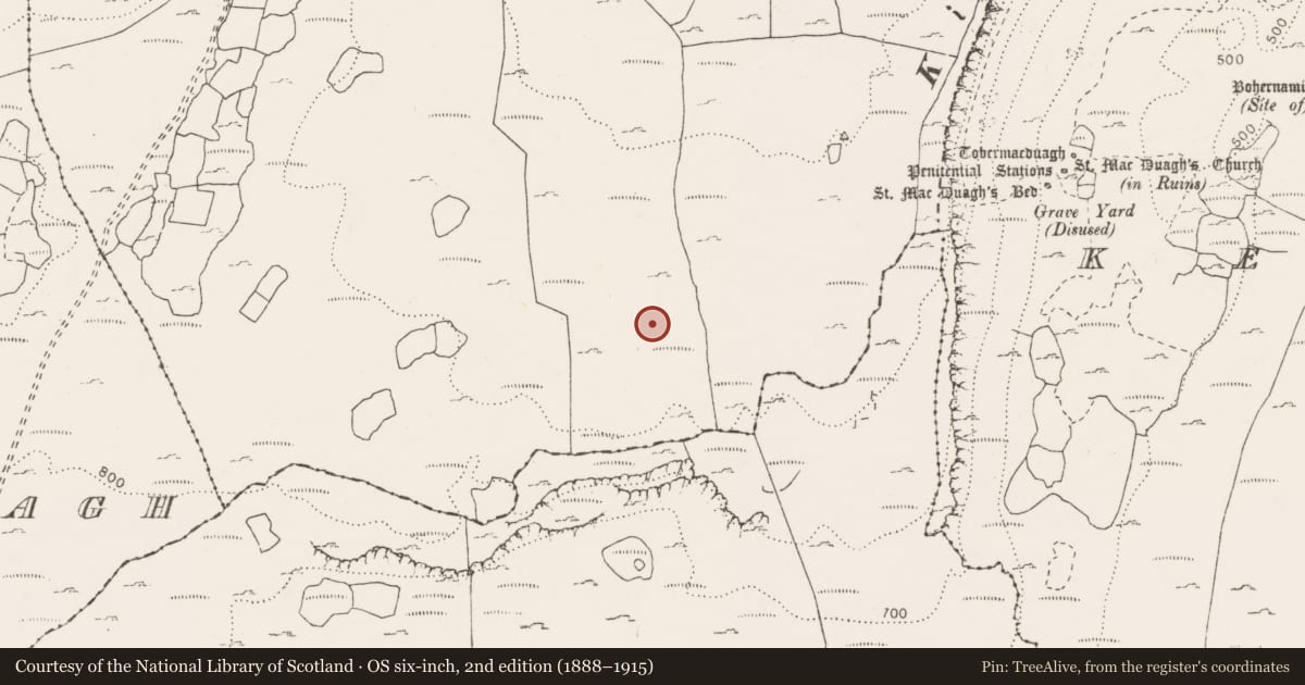Ordnance Survey six-inch map, 2nd edition (1888–1915) covering the location of Enclosure, Slievecarran, County Clare, with a pin at the register's coordinates