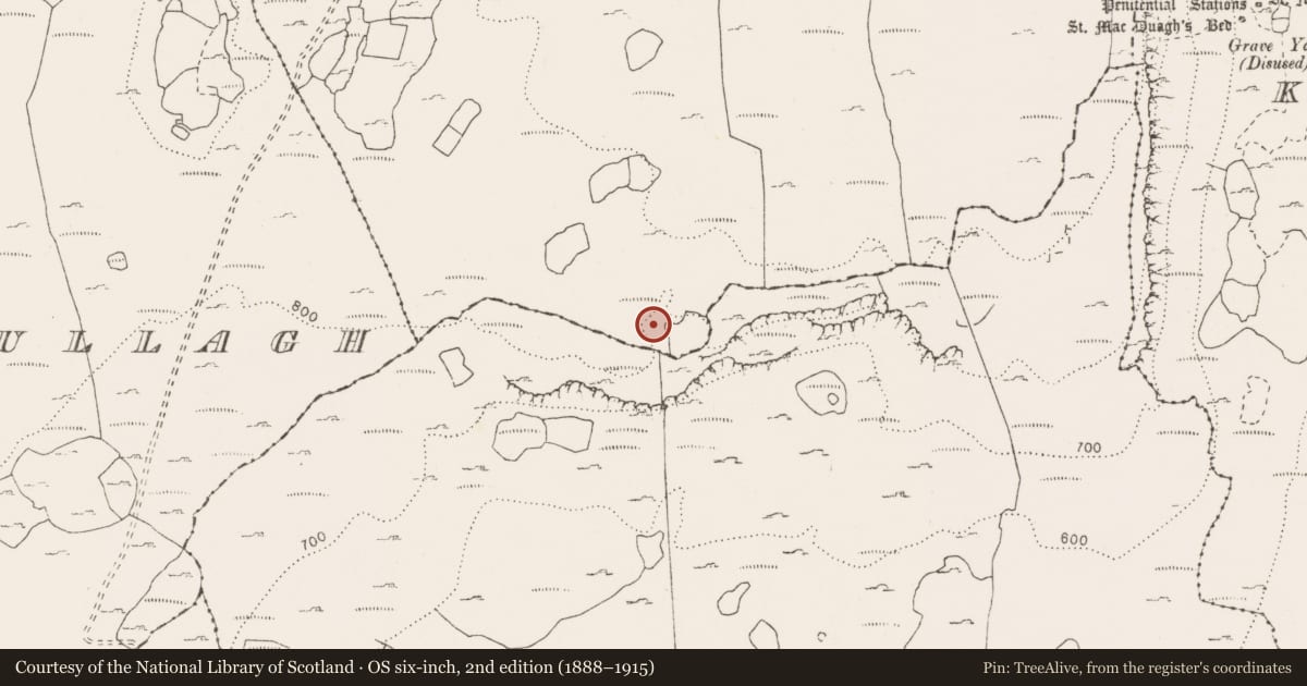 Ordnance Survey six-inch map, 2nd edition (1888–1915) covering the location of Hut site, Slievecarran, County Clare, with a pin at the register's coordinates
