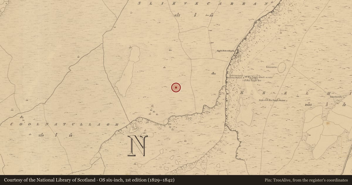 Ordnance Survey six-inch map, 1st edition (1829–1842) covering the location of Hut site, Slievecarran, County Clare, with a pin at the register's coordinates