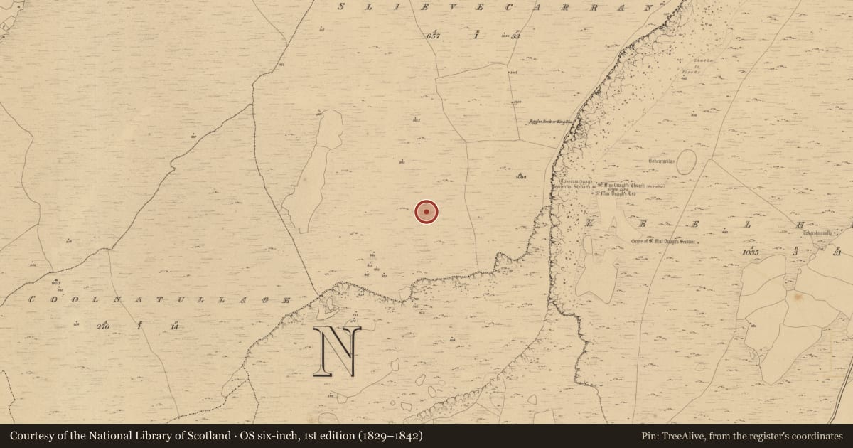 Ordnance Survey six-inch map, 1st edition (1829–1842) covering the location of Enclosure, Slievecarran, County Clare, with a pin at the register's coordinates