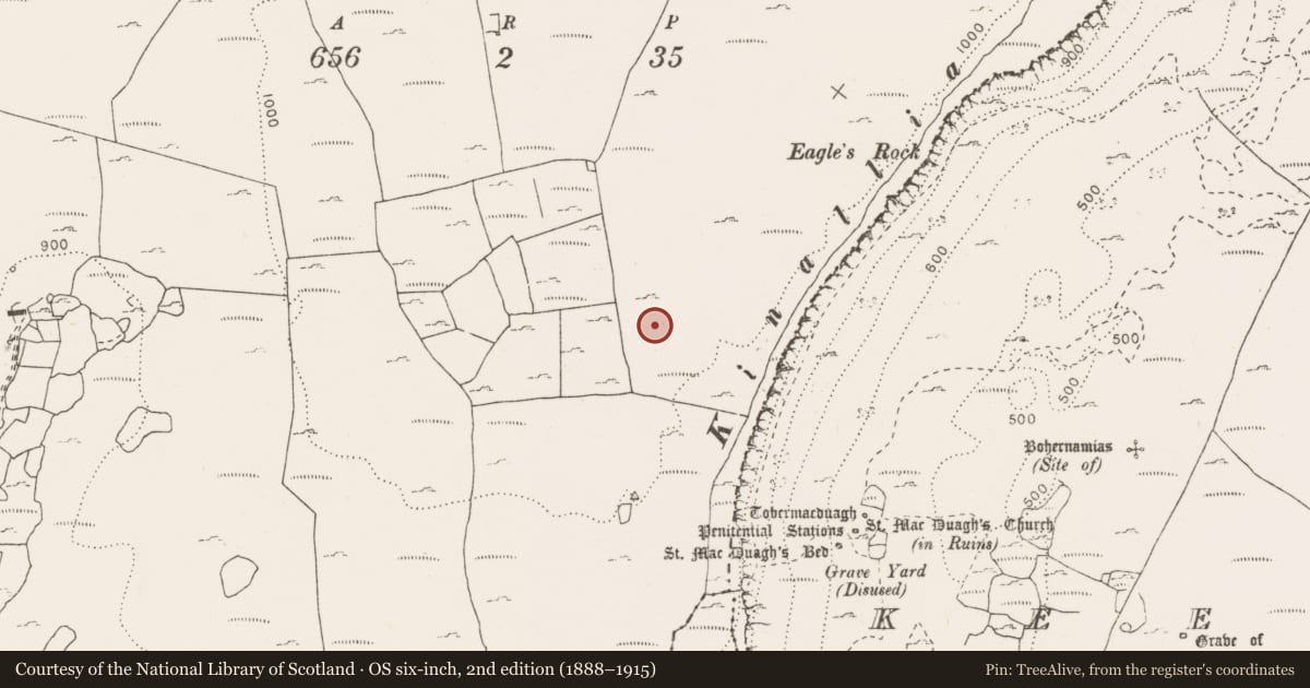 Ordnance Survey six-inch map, 2nd edition (1888–1915) covering the location of Hut site, Slievecarran, County Clare, with a pin at the register's coordinates