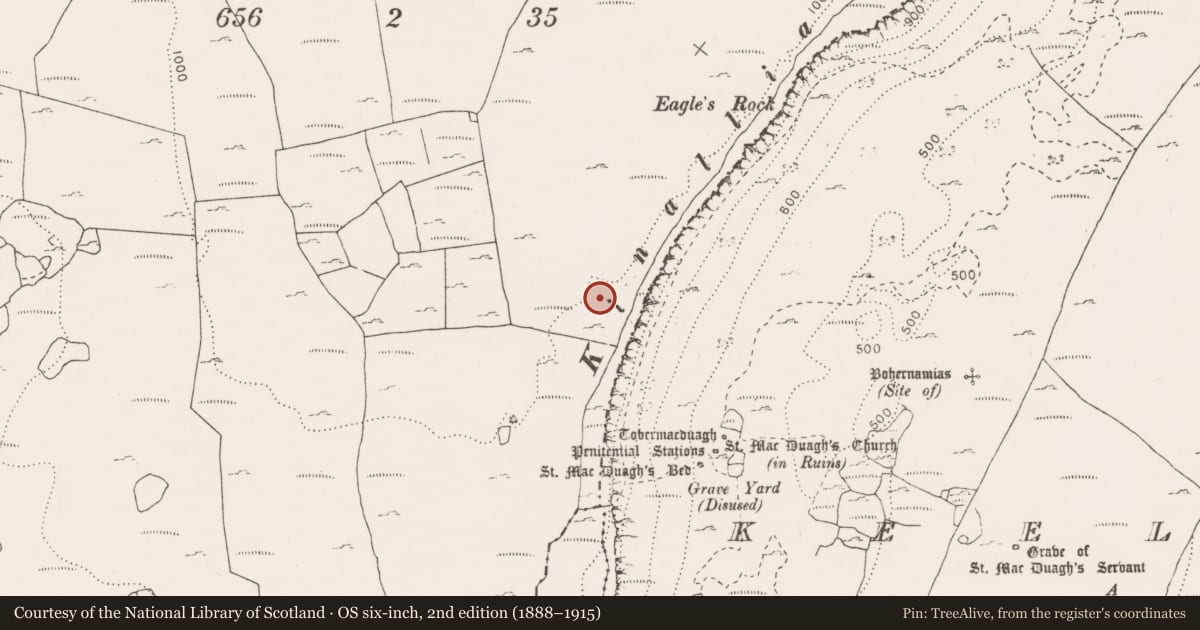 Ordnance Survey six-inch map, 2nd edition (1888–1915) covering the location of Hut site, Slievecarran, County Clare, with a pin at the register's coordinates