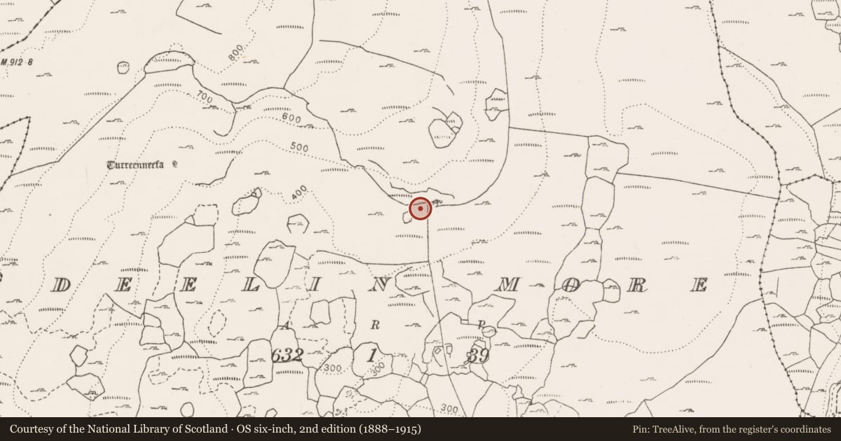 Ordnance Survey six-inch map, 2nd edition (1888–1915) covering the location of Fulacht fia, Deelin More, County Clare, with a pin at the register's coordinates