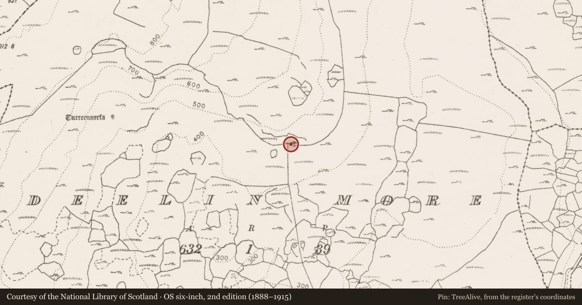 Ordnance Survey six-inch map, 2nd edition (1888–1915) covering the location of Fulacht fia, Deelin More, County Clare, with a pin at the register's coordinates