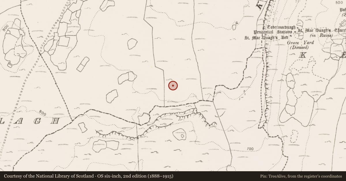 Ordnance Survey six-inch map, 2nd edition (1888–1915) covering the location of Enclosure, Slievecarran, County Clare, with a pin at the register's coordinates