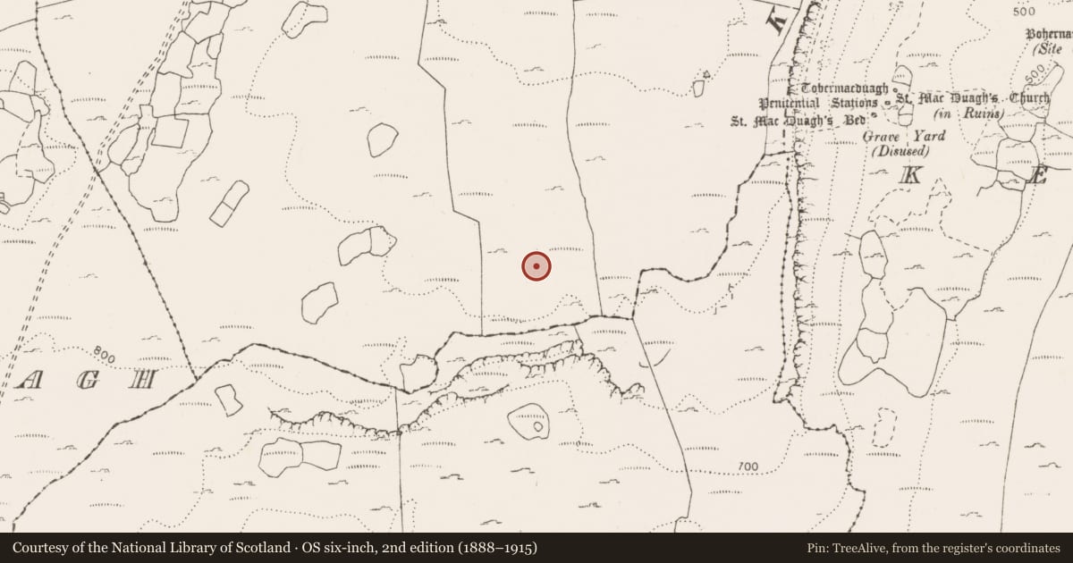 Ordnance Survey six-inch map, 2nd edition (1888–1915) covering the location of Enclosure, Slievecarran, County Clare, with a pin at the register's coordinates