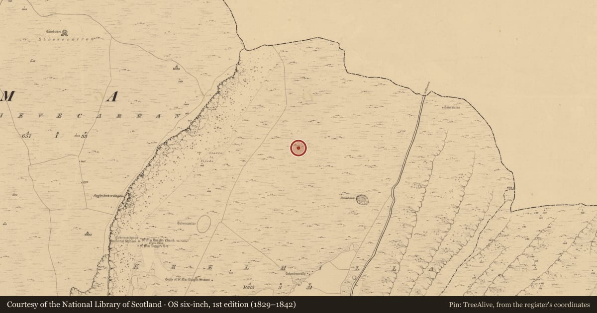 Ordnance Survey six-inch map, 1st edition (1829–1842) covering the location of Enclosure, Keelhilla, County Clare, with a pin at the register's coordinates