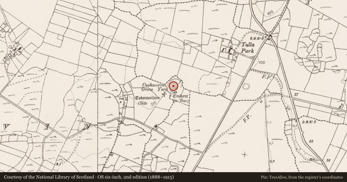 Ordnance Survey six-inch map, 2nd edition (1888–1915) covering the location of Ecclesiastical enclosure, Cushacorra, County Clare, with a pin at the register's coordinates
