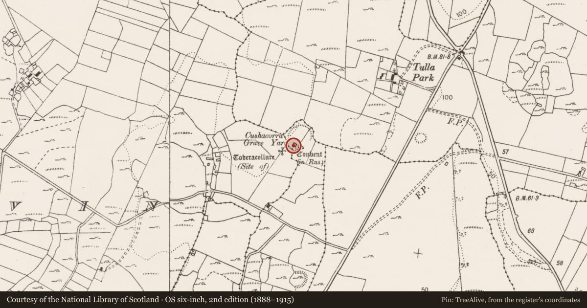 Ordnance Survey six-inch map, 2nd edition (1888–1915) covering the location of Building, Cushacorra, County Clare, with a pin at the register's coordinates