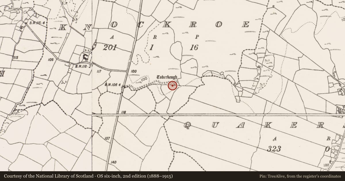 Ordnance Survey six-inch map, 2nd edition (1888–1915) covering the location of Fulacht fia, Knockroe, County Clare, with a pin at the register's coordinates