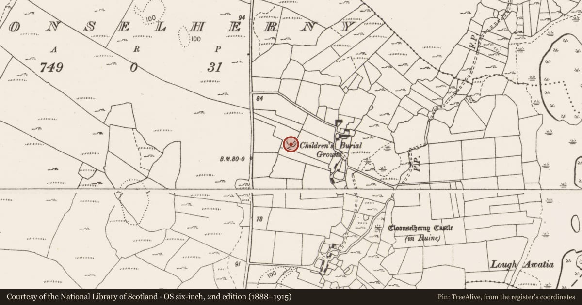 Ordnance Survey six-inch map, 2nd edition (1888–1915) covering the location of Children's burial ground, Cloonselherny, County Clare, with a pin at the register's coordinates