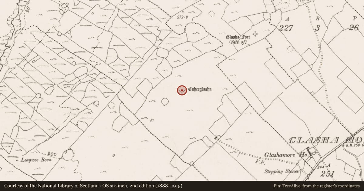 Ordnance Survey six-inch map, 2nd edition (1888–1915) covering the location of Souterrain, Glasha Beg, County Clare, with a pin at the register's coordinates