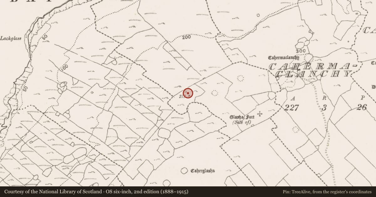 Ordnance Survey six-inch map, 2nd edition (1888–1915) covering the location of Ringfort - cashel, Glasha More, County Clare, with a pin at the register's coordinates