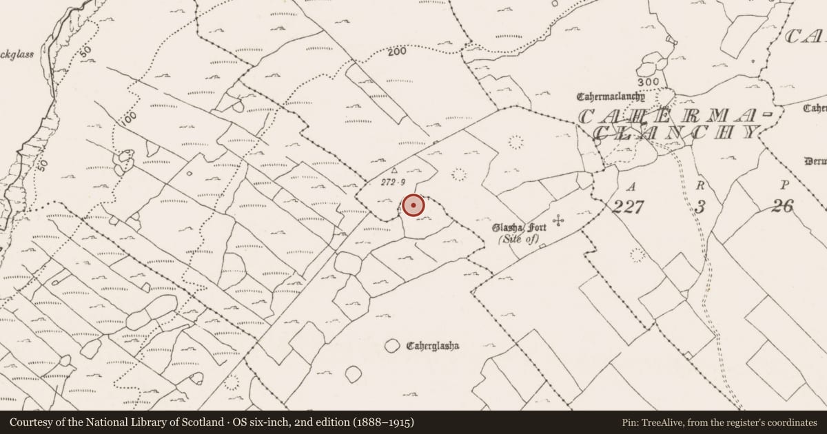 Ordnance Survey six-inch map, 2nd edition (1888–1915) covering the location of Ringfort - cashel, Glasha Beg, Glasha More, County Clare, with a pin at the register's coordinates