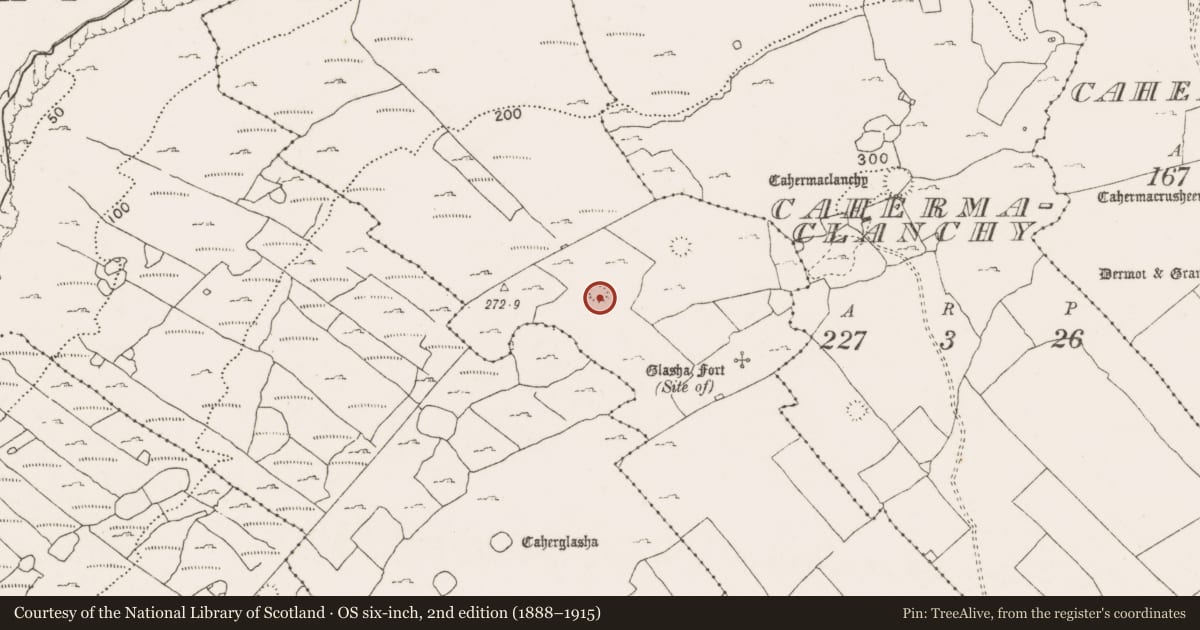 Ordnance Survey six-inch map, 2nd edition (1888–1915) covering the location of Enclosure, Glasha More, County Clare, with a pin at the register's coordinates