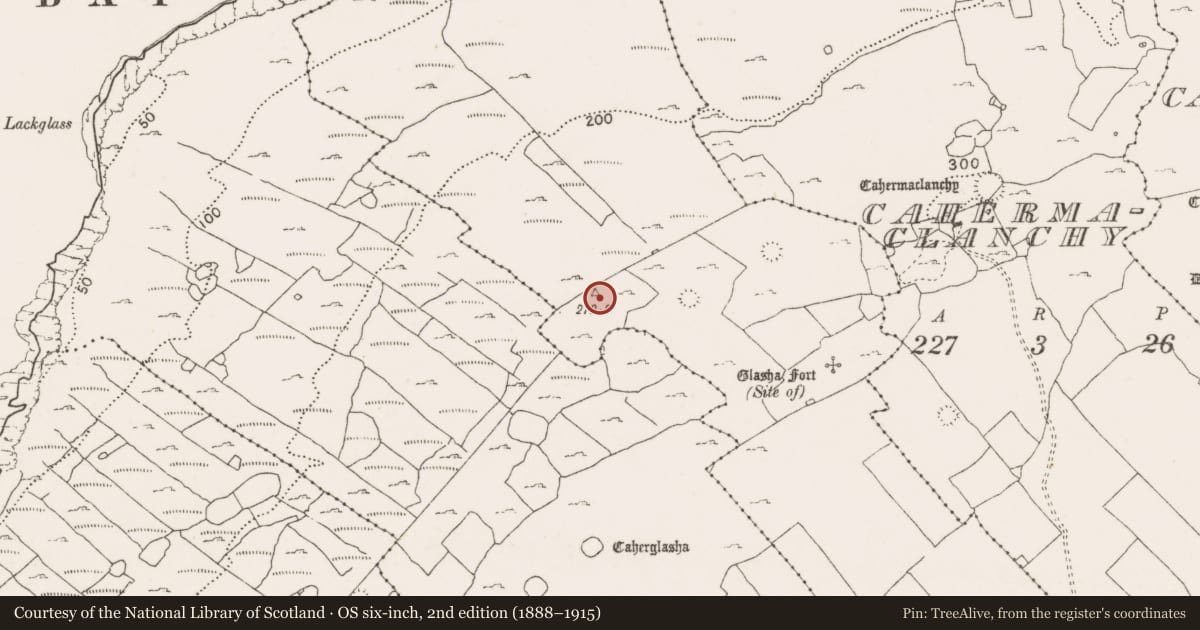 Ordnance Survey six-inch map, 2nd edition (1888–1915) covering the location of Souterrain, Glasha More, County Clare, with a pin at the register's coordinates